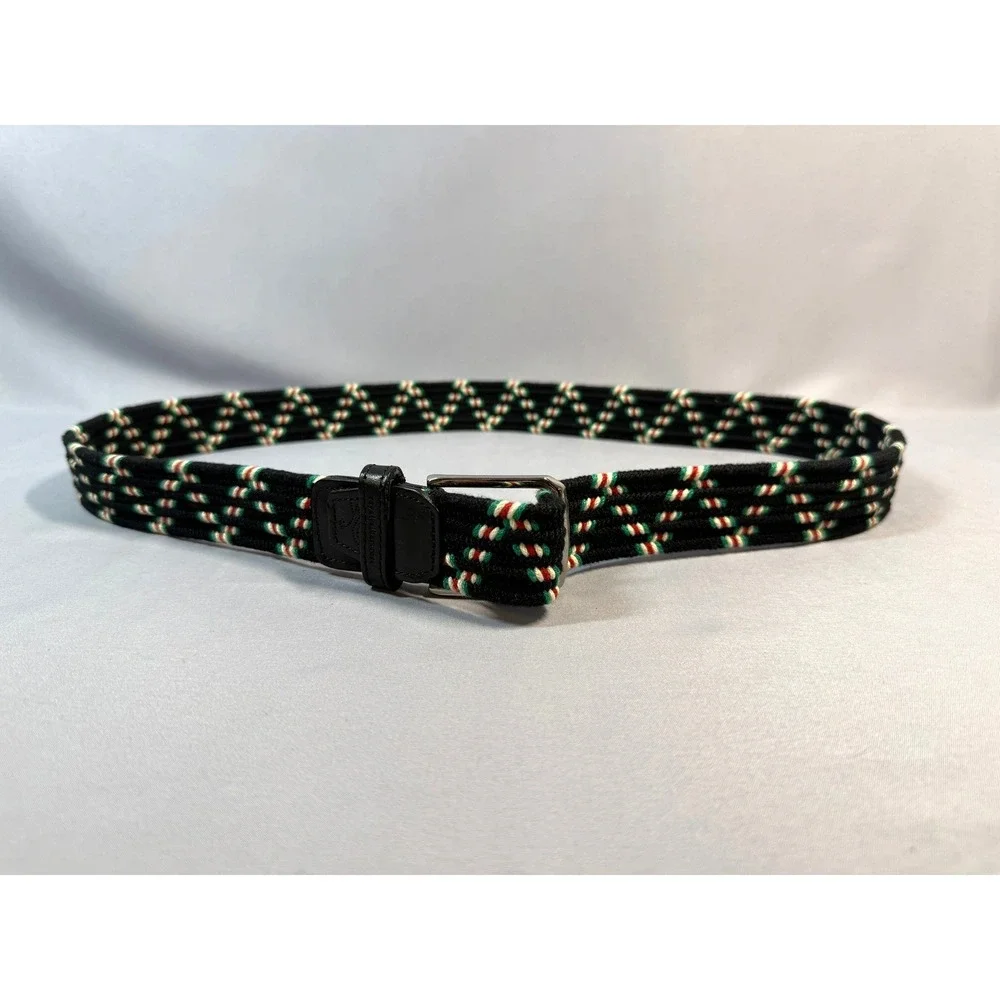 Royal Albartross Mans Woven Belt Size L Black Green Red White Leather Trim Italy